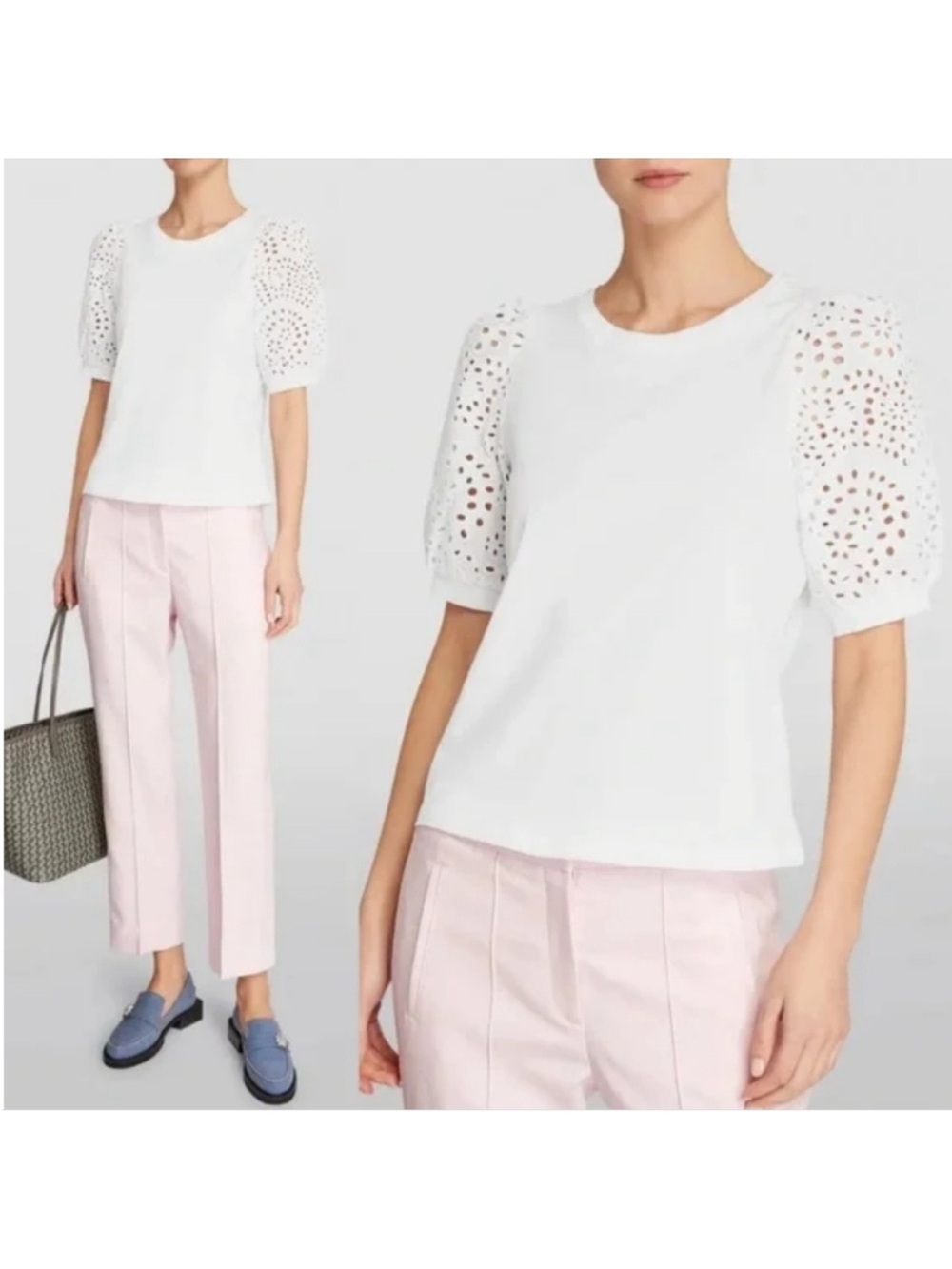 Me+Em || Broderie Anglaise Trim T-Shirt Eyelet Lace Sleeve White US 6